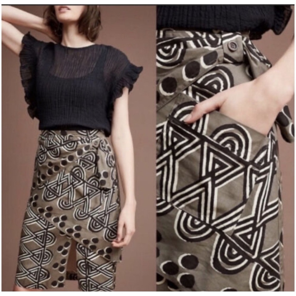 Maeve Anthropologie Edessa‎ Tribal Print Skirt Faux Wrap Linen Blend 0 Geometric